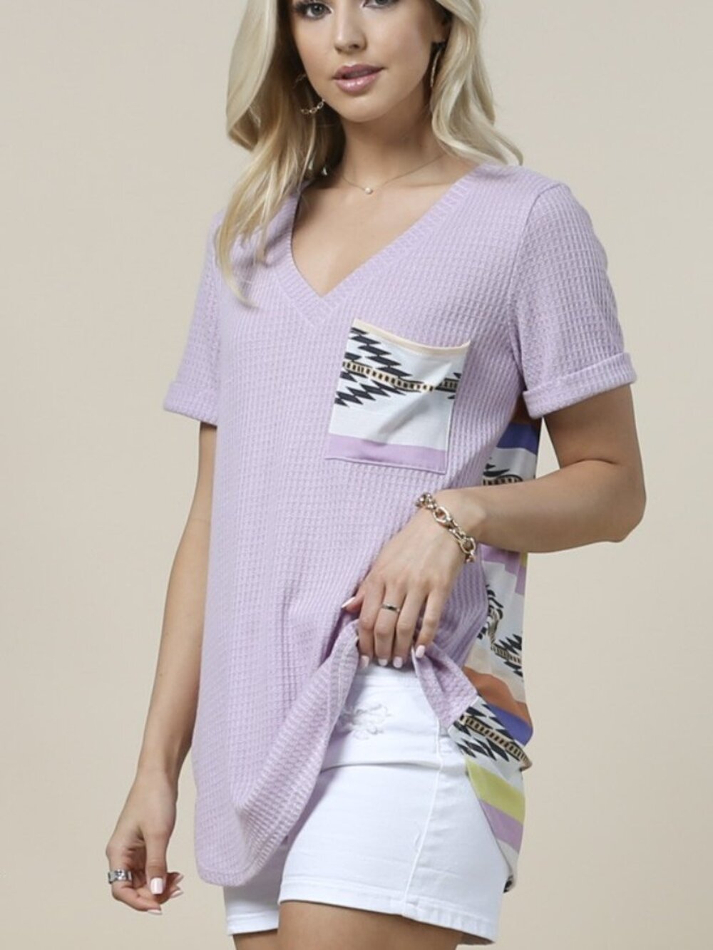 Aztec Print Color Block Waffle Top